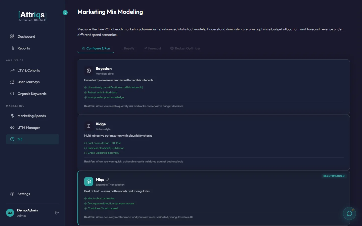 Marketing Mix Modeling page showing three modeling approaches: Bayesian, Ridge, and Miqs Ensemble